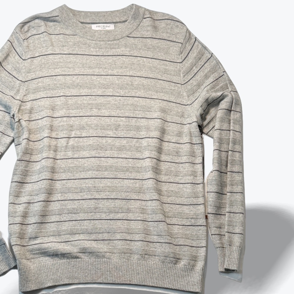 Precedent Los Angeles Mens Small Grey Striped Cashmere Blend Crew Neck Sweater